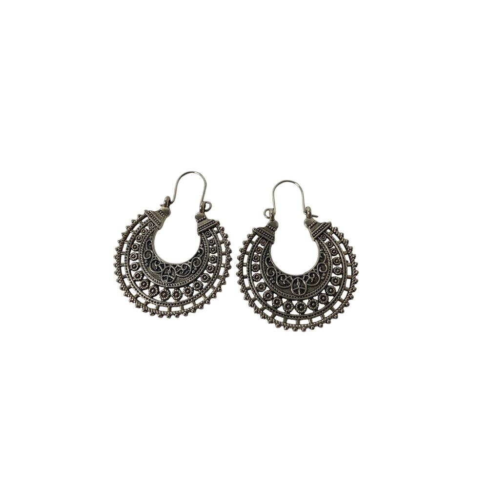 Round Tribal Lever Back Earrings Silver Tone